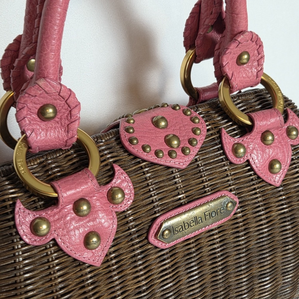 VTG Isabella Fiore Pink Leather Wicker Satchel Studded Trim Boho Handbag Rare - Picture 6 of 16